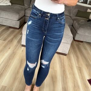 KanCan High Rise Distressed Dark Blue Skinny Jeans